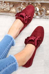 Wine Faux Suede Bow Front Loafers - Geena