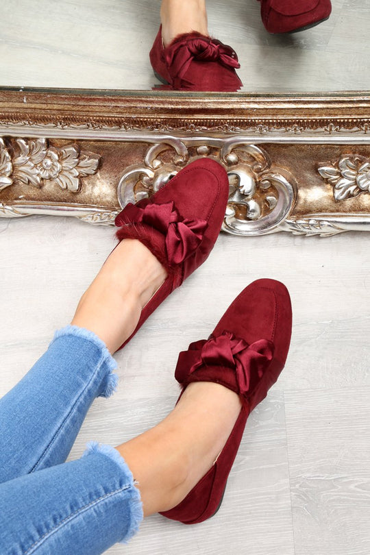 Wine Faux Suede Bow Front Loafers - Geena