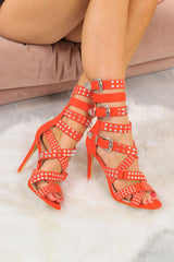 Red Faux Suede Studded Buckle Heels - Gelena