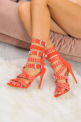 Red Faux Suede Studded Buckle Heels - Gelena