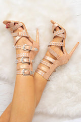 Rose Gold Shimmery Studded Buckle Heels - Gelena