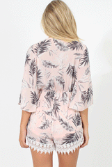 Pink Leaf Print Crochet Trim Playsuit - Evelyn
