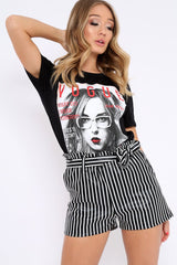 Black and White Striped Matte PU Paper Bag Shorts - Genia