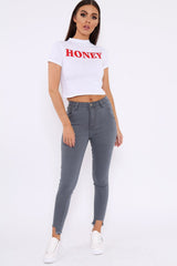 Grey High Waist Cut Out Hem Jeans - Geri