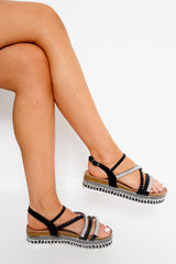 Black Strapped Embellished Flatforms - Gentri