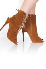 Georgia Tan Peep Toe Lace Up Heels