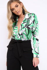 Green Geometric Print Plunge Satin Bodysuit - Hetty