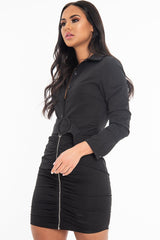Black Button Zip Detail Belted Shirt Dress - Arabelle