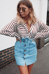 Light Wash Horn Button Front Denim Mini Skirt - Yazmin