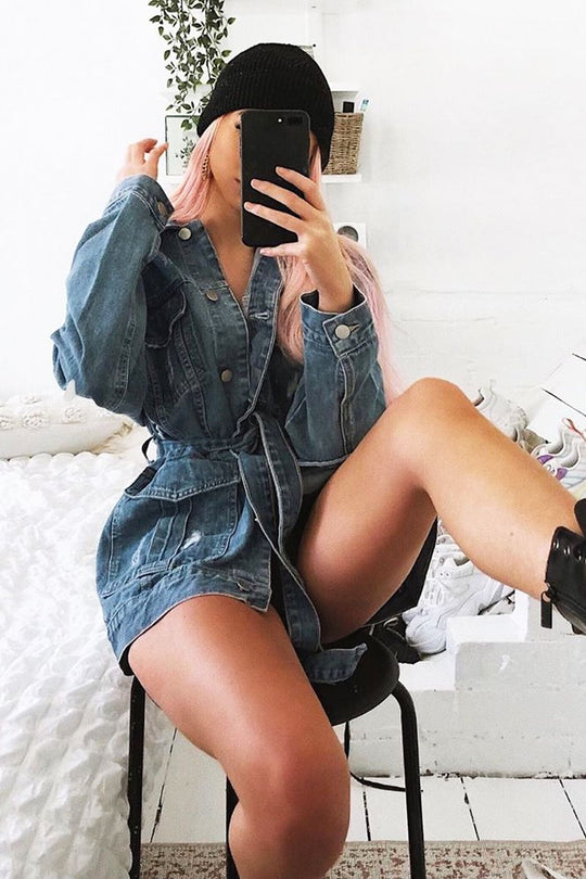 Mid Blue Distressed Belted Jacket - Camilla