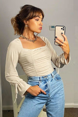 Stone Ruched Panel Tie Wrist Slinky Bodysuit - Elenna