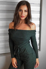 Khaki Ribbed Rip Knee Jumpsuit - Chyna