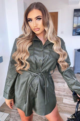 Khaki Faux Leather Belted Shirt Mini Dress - Alese