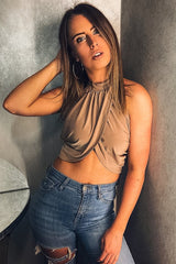 Camel Slinky Halterneck Wrap Top - Giovanna