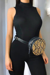 Black Rib High Neck Cut Out Back Bodysuit - Leara