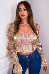 Nude Gold Metallic Square Neck Crop Top - Gabryelle