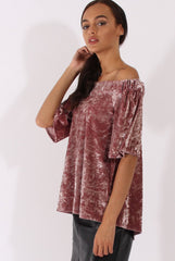 Mauve Crushed Velvet Bardot Split Back Top - Geraldine