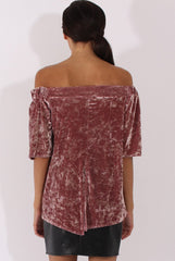 Mauve Crushed Velvet Bardot Split Back Top - Geraldine