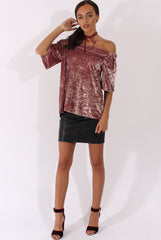 Mauve Crushed Velvet Bardot Split Back Top - Geraldine