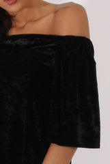 Black Crushed Velvet Bardot Split Back Top - Geraldine