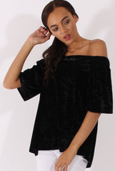 Black Crushed Velvet Bardot Split Back Top - Geraldine