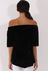 Black Crushed Velvet Bardot Split Back Top - Geraldine