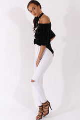 Black Crushed Velvet Bardot Split Back Top - Geraldine