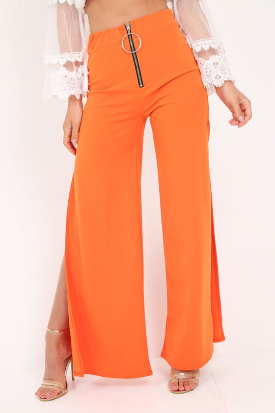 Orange Zip Front High Waisted Flare Trousers - Gerta