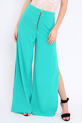 Teal Zip Front High Waisted Flare Trousers - Gerta