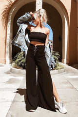 Black Zip Front High Waisted Flare Trousers - Gerta