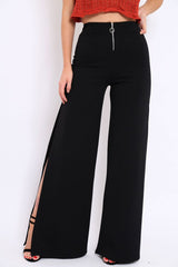 Black Zip Front High Waisted Flare Trousers - Gerta