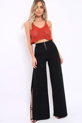 Black Zip Front High Waisted Flare Trousers - Gerta