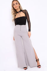 Grey Zip Front High Waisted Flare Trousers - Gerta