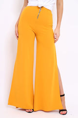 Mustard Zip Front High Waisted Flare Trousers - Gerta