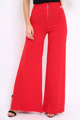 Red Zip Front High Waisted Flare Trousers - Gerta