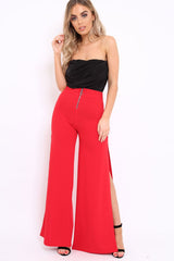 Red Zip Front High Waisted Flare Trousers - Gerta