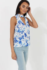 Blue & White Floral Print V Top - Gia