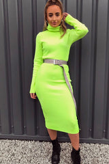 Neon Yellow Roll Neck Rib Midi Jumper Dress - Giana