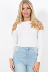 White Ribbed Cold Shoulder Bodysuit - Gigi