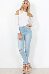White Ribbed Cold Shoulder Bodysuit - Gigi