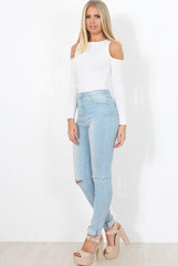 White Ribbed Cold Shoulder Bodysuit - Gigi