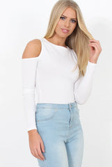 White Ribbed Cold Shoulder Bodysuit - Gigi