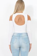 White Ribbed Cold Shoulder Bodysuit - Gigi