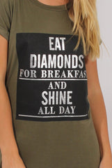 Khaki Short Sleeved Slogan Top - Gillian