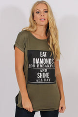 Khaki Short Sleeved Slogan Top - Gillian