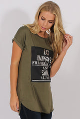 Khaki Short Sleeved Slogan Top - Gillian