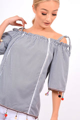 Black Gingham  Bardot Pom Pom Top - Pipa