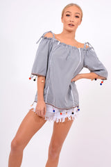 Black Gingham  Bardot Pom Pom Top - Pipa
