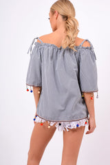 Black Gingham  Bardot Pom Pom Top - Pipa