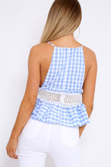 Blue Gingham and Lace Cami Crop Top - Eboni